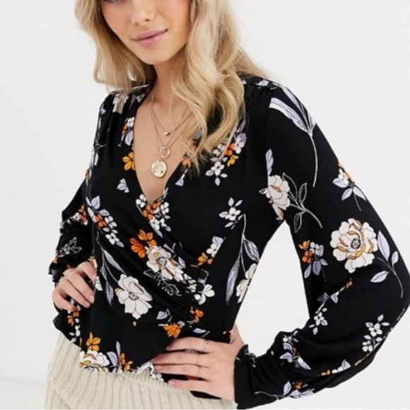 Free People shirt Saturday night black floral wrap top XS MWT stretch - Picture 2 of 6